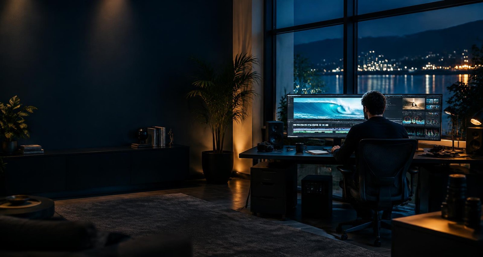 Professional editor creating advertising visuals in a cinematic creative studio