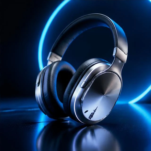 Silver headphones in an electric-blue product advertising concept